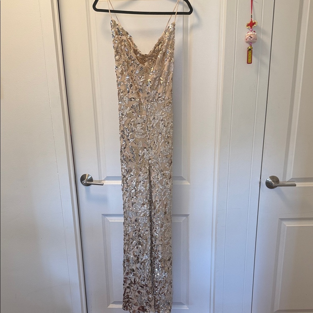 Sequin Cowl Neck Slip Jumpsuit in Champagne